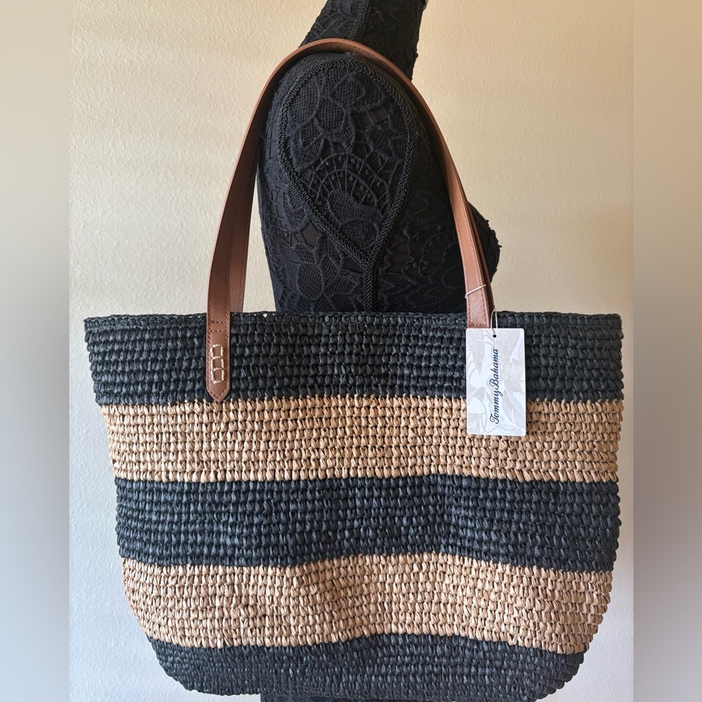 Tommy Bahama Black and Tan Striped Woven Tote